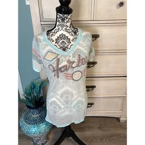 Women’s Harley Davidson, studded, distressed, short sleeve, shirt, sheer medium